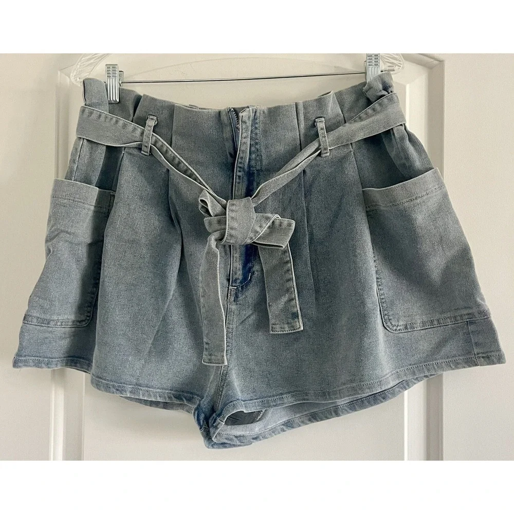 SWEET GENERIS Women's‎ PLUS Blue Cotton Denim Belted Jean Shorts-Sizes 1X and 3X